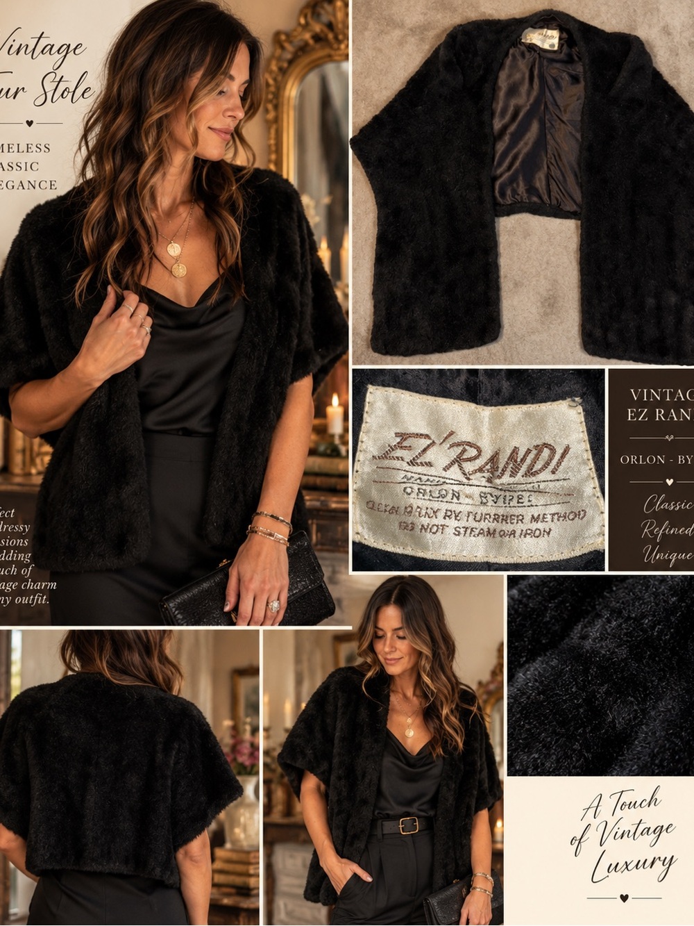 Vintage El Randi Black Genuine Fur Shawl Stole Hidden Pockets Satin Line #1014CL